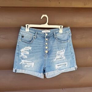 KanCan Denim Shorts Women 11/29 Blue Distressed High Rise Button Fly